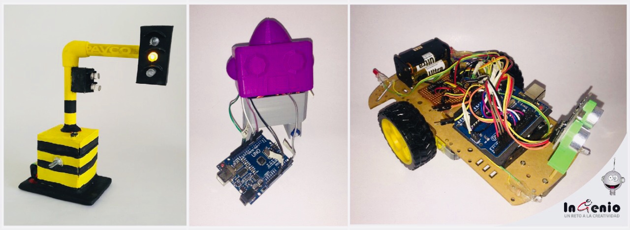 Semáforo, robot morado y carro Arduino