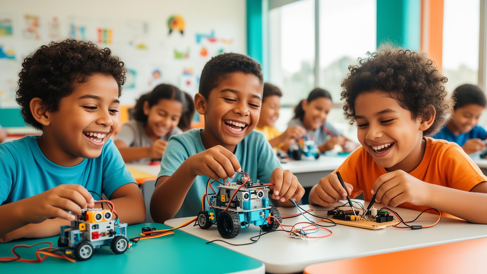 Niños construyendo robots y aprendiendo programación en un taller STEM de Ingenio